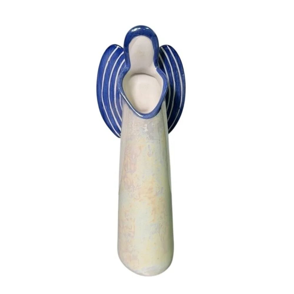Serene Blue and Cream Angel‎ Candle Holder, 11.75 inches tall